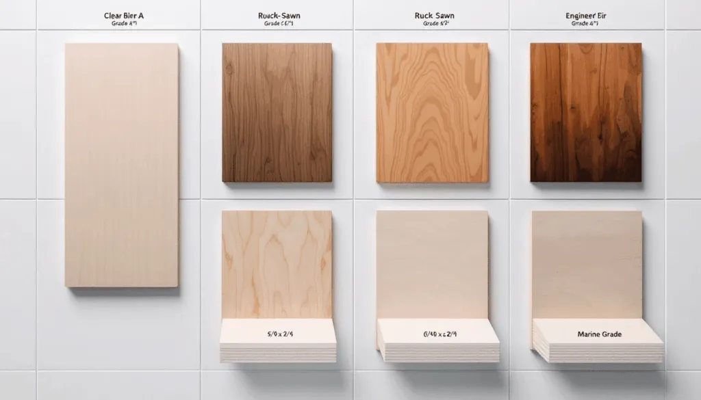 A variety of plywood grades and quality samples laid out.