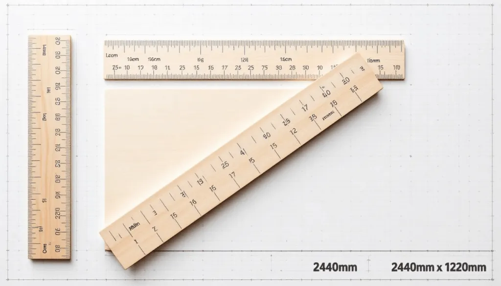 Metric measurements for plywood sheets displayed on a ruler.