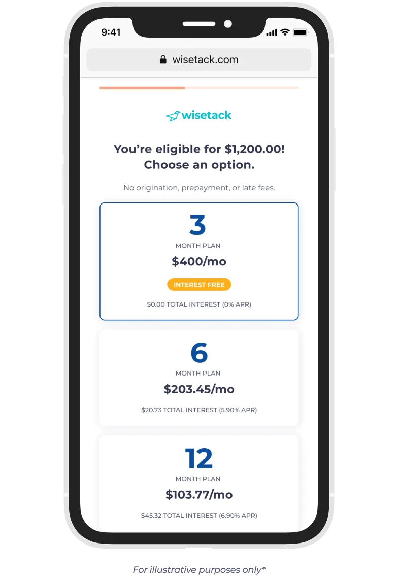 Wisetack financing application mockup on smartphone
