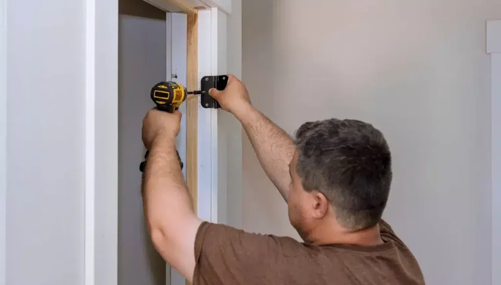 Technician installing a door hinge on a door jamb.