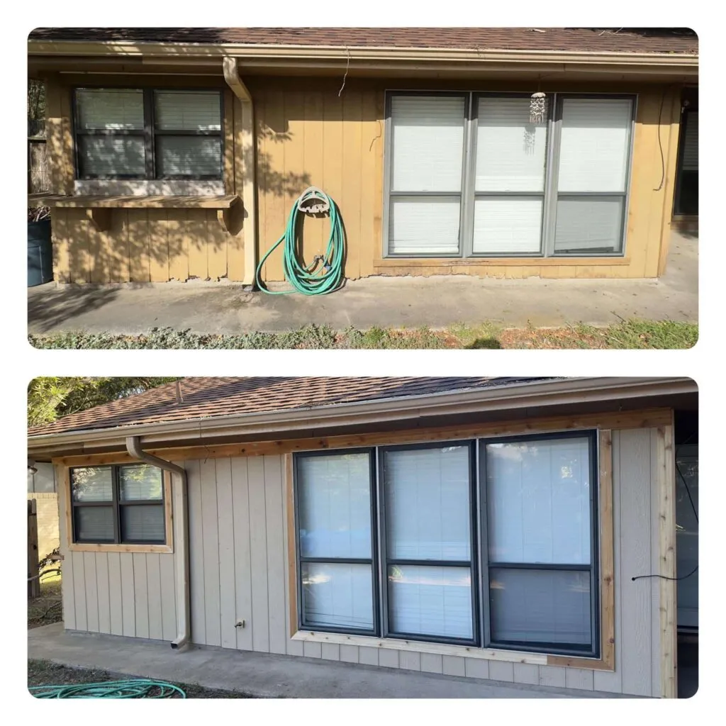 Before-and-after views of exterior siding and window trim repairs.